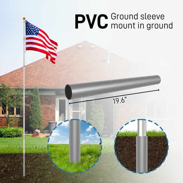 imerelez 20FT Telescoping Flag Pole Kit,In Ground Telescopic Flag Poles with 3x5 American Flag, Outdoor Old Glory Flagpole Kits for Outside, Yard, Residential or Commercial