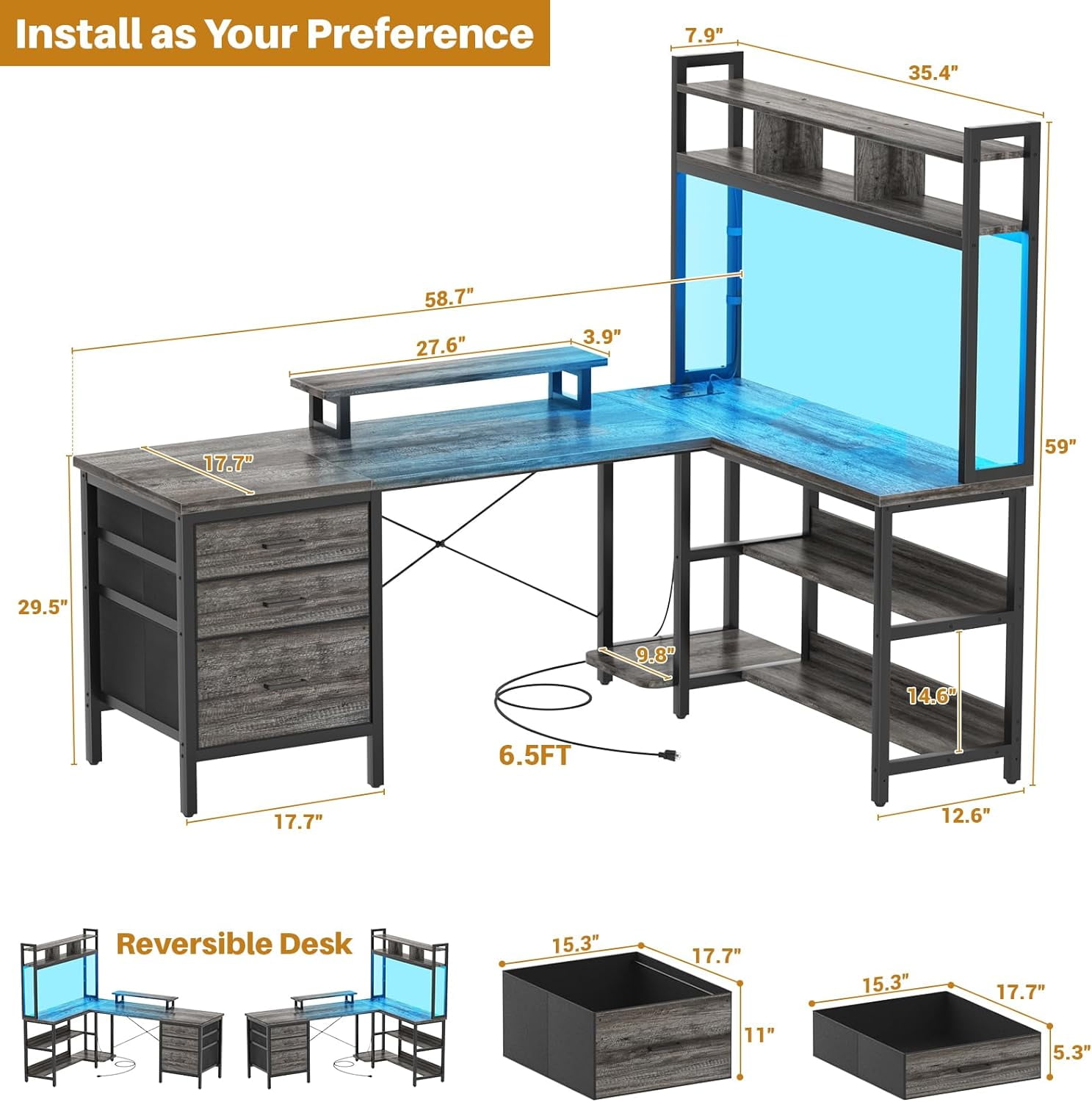 Homieasy 58.7'' L Shaped Computer Desk with Hutch, Power Outlets, LED Lights & Storage Drawers, for Home & Office, Gray Oak