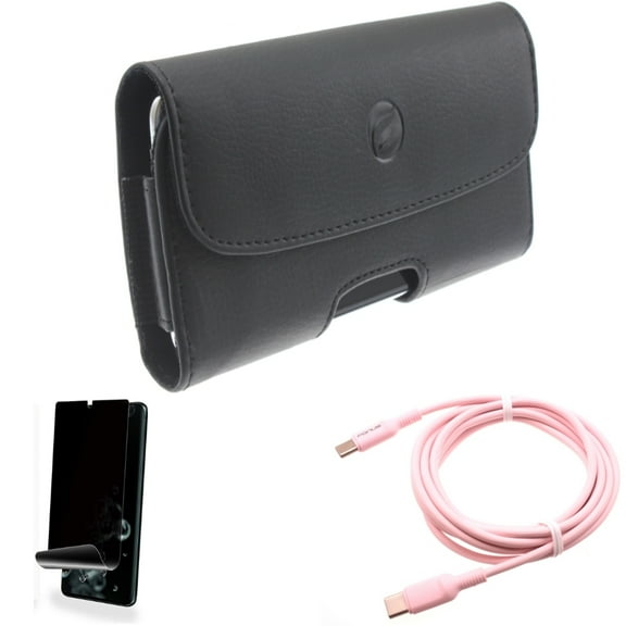 Pink 10ft Long Cable w Case Belt Clip w Privacy Screen Protector for Samsung Galaxy S20 Ultra - USB-C to Type-C PD Fast Charger Cord, Leather Holster Cover, TPU Film [NOT GLASS] fits Galaxy S20 Ultra