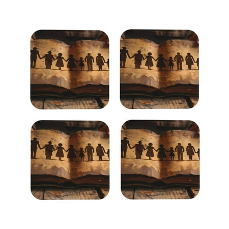 

Tideii Vintage Family History Book for Leather Coasters 4 Pieces Anti-fouling and Anti-scalding Decorative Coasters Suitable for Restaurants Kitchens Coffee Shops-Square