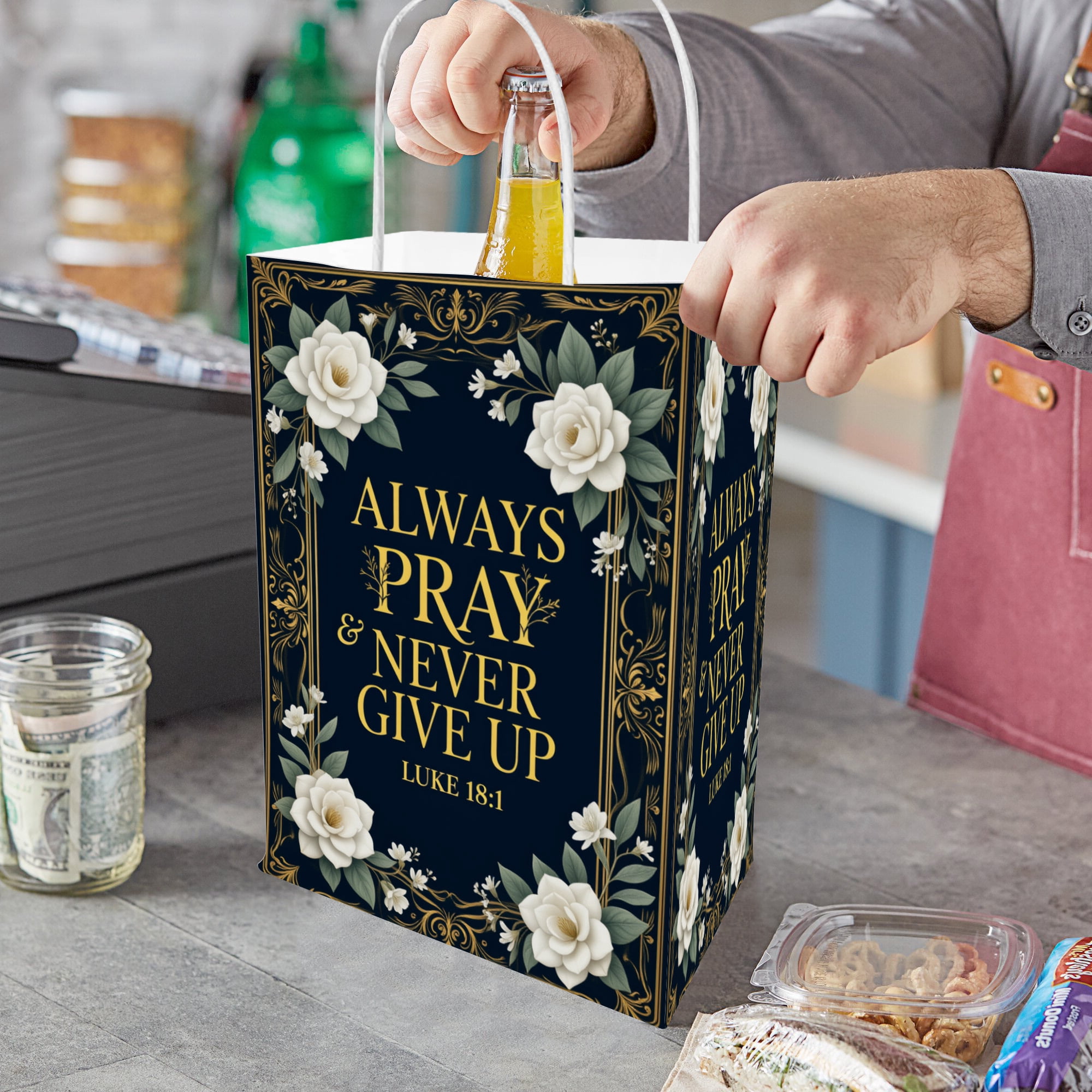 YAHAFEPY 20Pcs Christian God Bless Party Favor Bags, Bible Easter Sunday School Kraft Candy Gift Bags with Handles