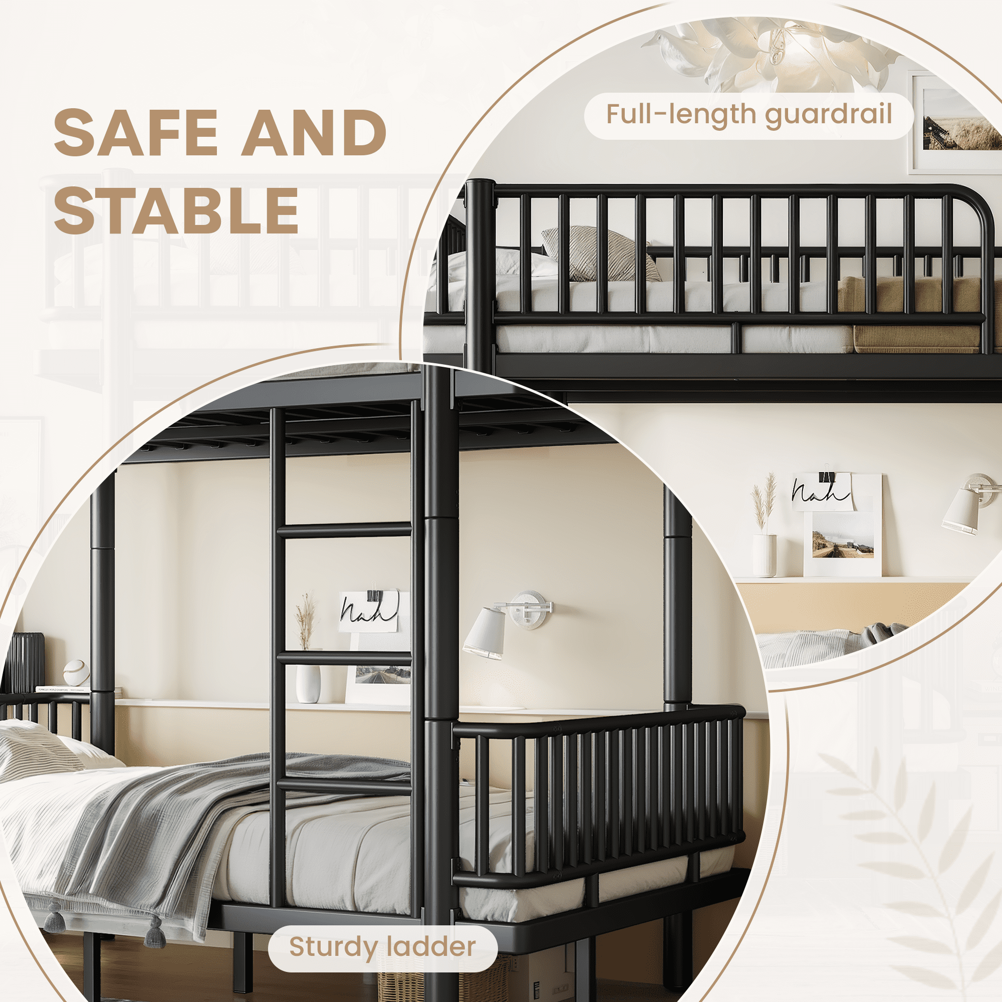 Leumius Full over Full Bunk Bed Frame with Ladders & Guardrails, Metal Bunk Bed Frame with Upgraded Safety Round-Pipe Design, Can Transformed into 2 Platform Bed for Teens Adults Black