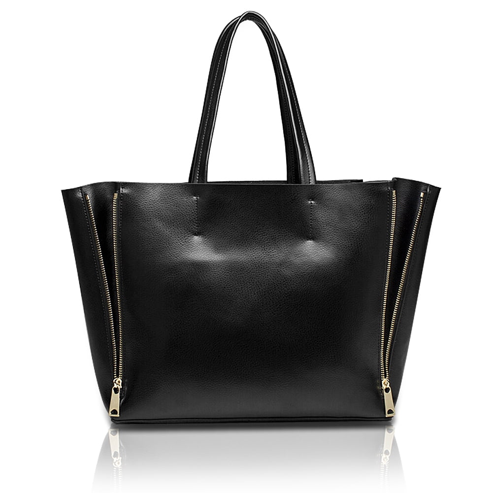 Kattee - Kattee Women&#39;s Genuine Leather Classic Pure Color Large Tote Shoulder Bag (Black ...