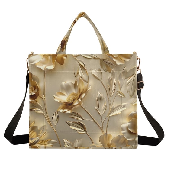 Gold Flowers and Leaves Corduroy Tote Bag Handbag Large Messenger Bag Shoulder Crossbody Zipper Bag Purse