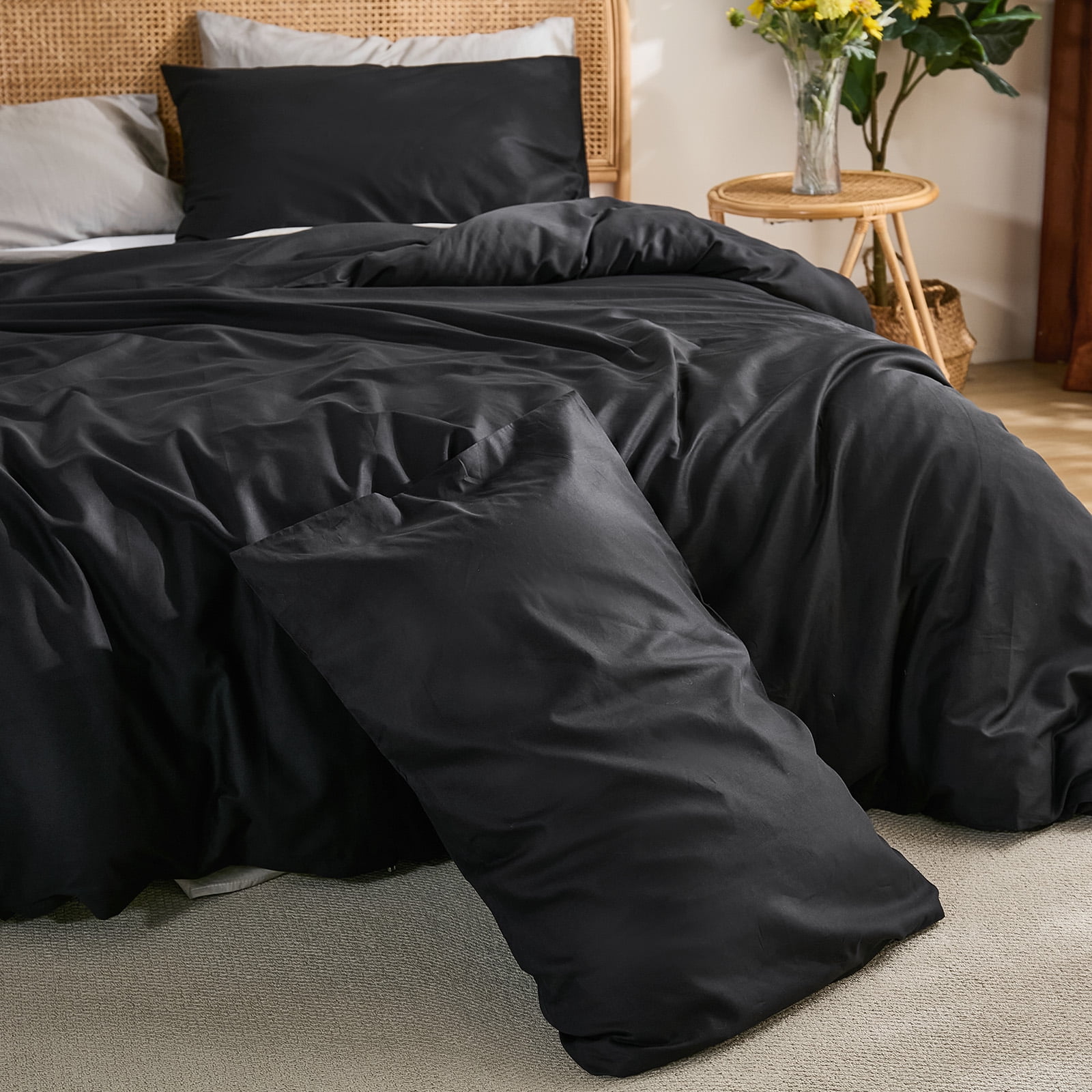 100% Washed Cotton Duvet Cover –Black, Linen-Like Texture, Super Soft & Breathable Bedding Set, 3-Piece Durable Percale Comforter Cover