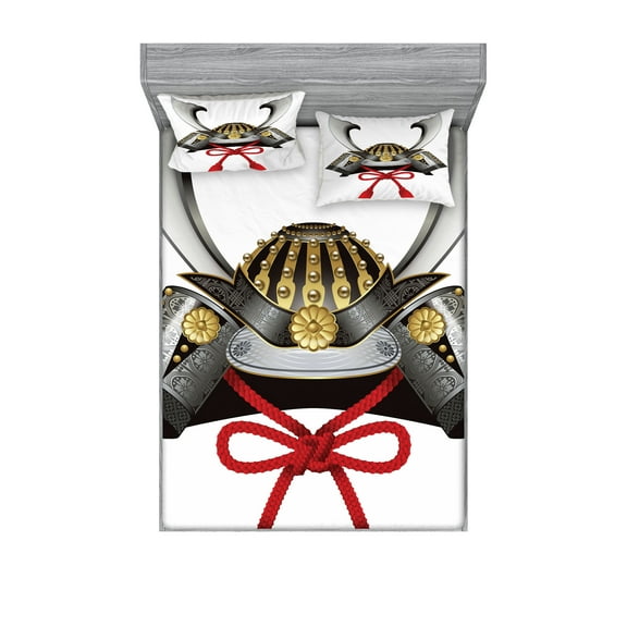 Ambesonne Japanese Fitted Sheet & Pillow Sham Set, Samurai Kabuto, Queen, Grey Vermilion Yellow