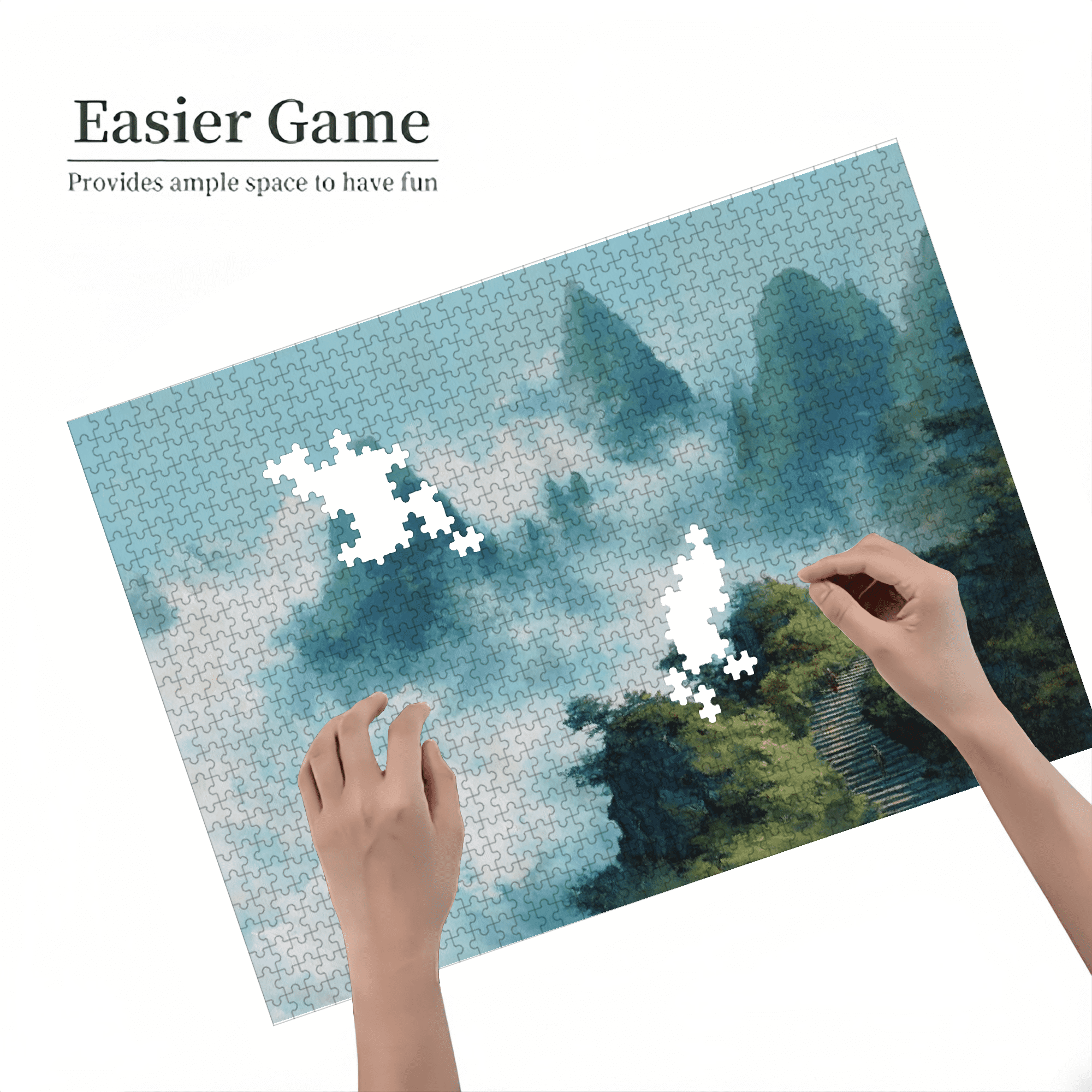 A Box of (1000pcs) Puzzles, with Yunjie Mountain Pavilion Design, High Difficulty, Suitable, Family Entertainment, Home Decoration. 29.4*19.6 in