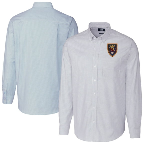 Men's-Cutter & Buck  Light Blue Real Salt Lake Stretch Oxford Stripe Tri-Blend Long Sleeve Button-Down Shirt
