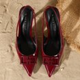 thumbnail image 3 of [On feet & in love] Women's Patent Pointed Toe Slingback Heels - Geometric Buckle Detail Stiletto Dress Pumps with Elastic Ankle Strap,Wine-red,8.5, 3 of 7