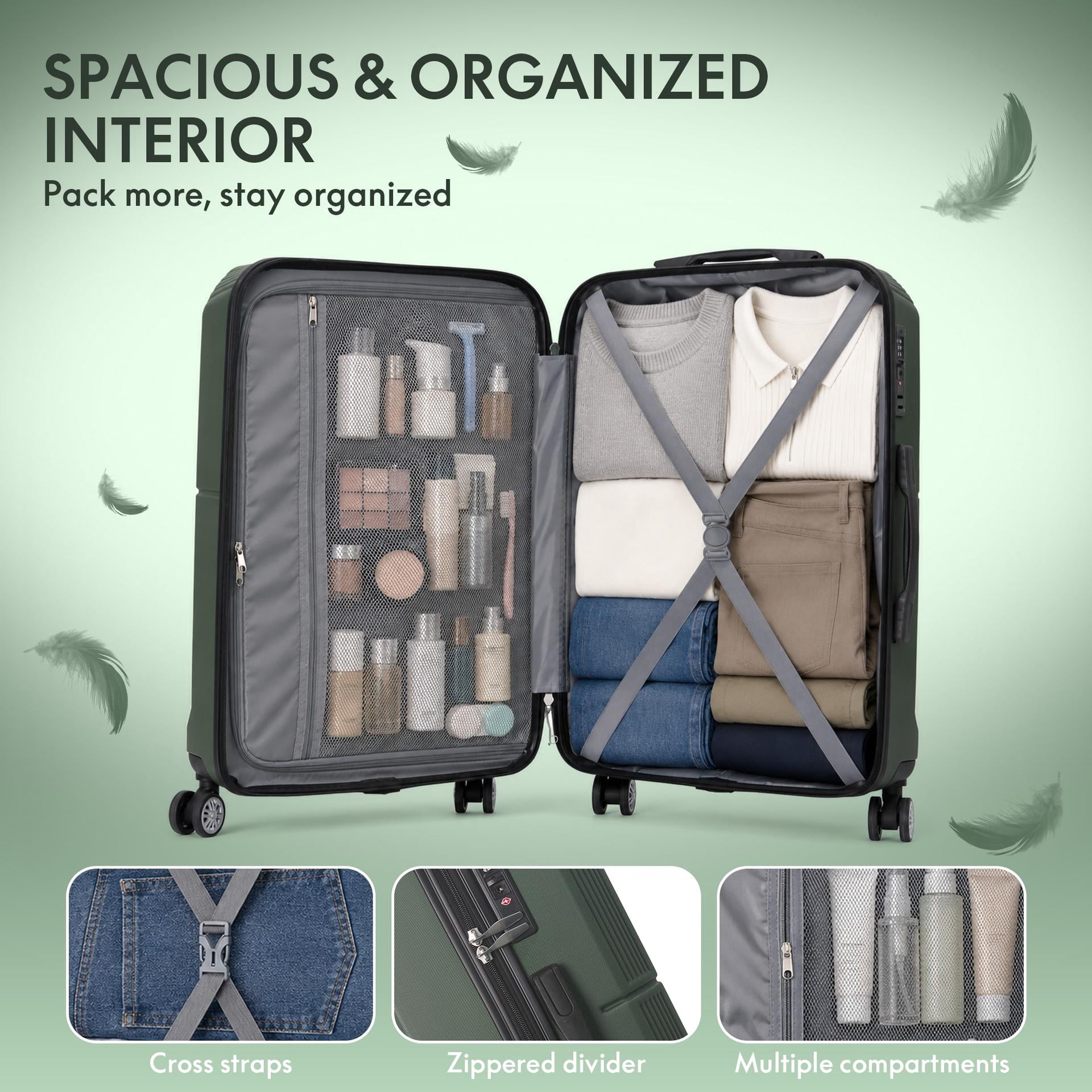 3-Piece ABS Hardshell Luggage Set, Lightweight Durable Suitcases with TSA-Approved Lock, 4 Silent Spinner Wheels & Scratch-Resistant Ribbed Shell, 20"/24"/28", Green