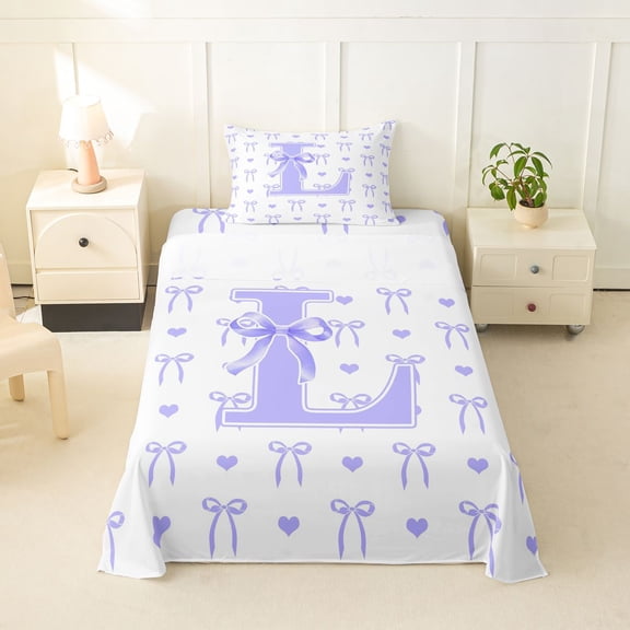 Feelyou Ribbon Initial L Letter Twin Sheets for Girls, Purple Princess Bow Theme Bedding, 3pcs, 1 Flat Sheet, 1 Fitted Sheet and 1 Pillowcase