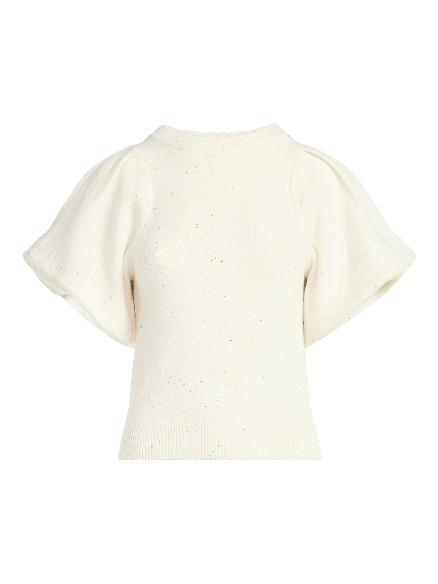 Scoop Women's and Women's Plus Sequin Sweater Top with Puff Sleeves, Lightweight, Sizes XS-4X