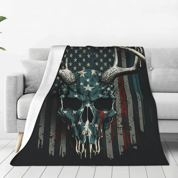 American Flag Camouflage Deer Skull Camo Throw Blanket Super Soft Lightweight Cozy Fluffy Plush Blanket for Bed Couch Sofa Chair 40x30