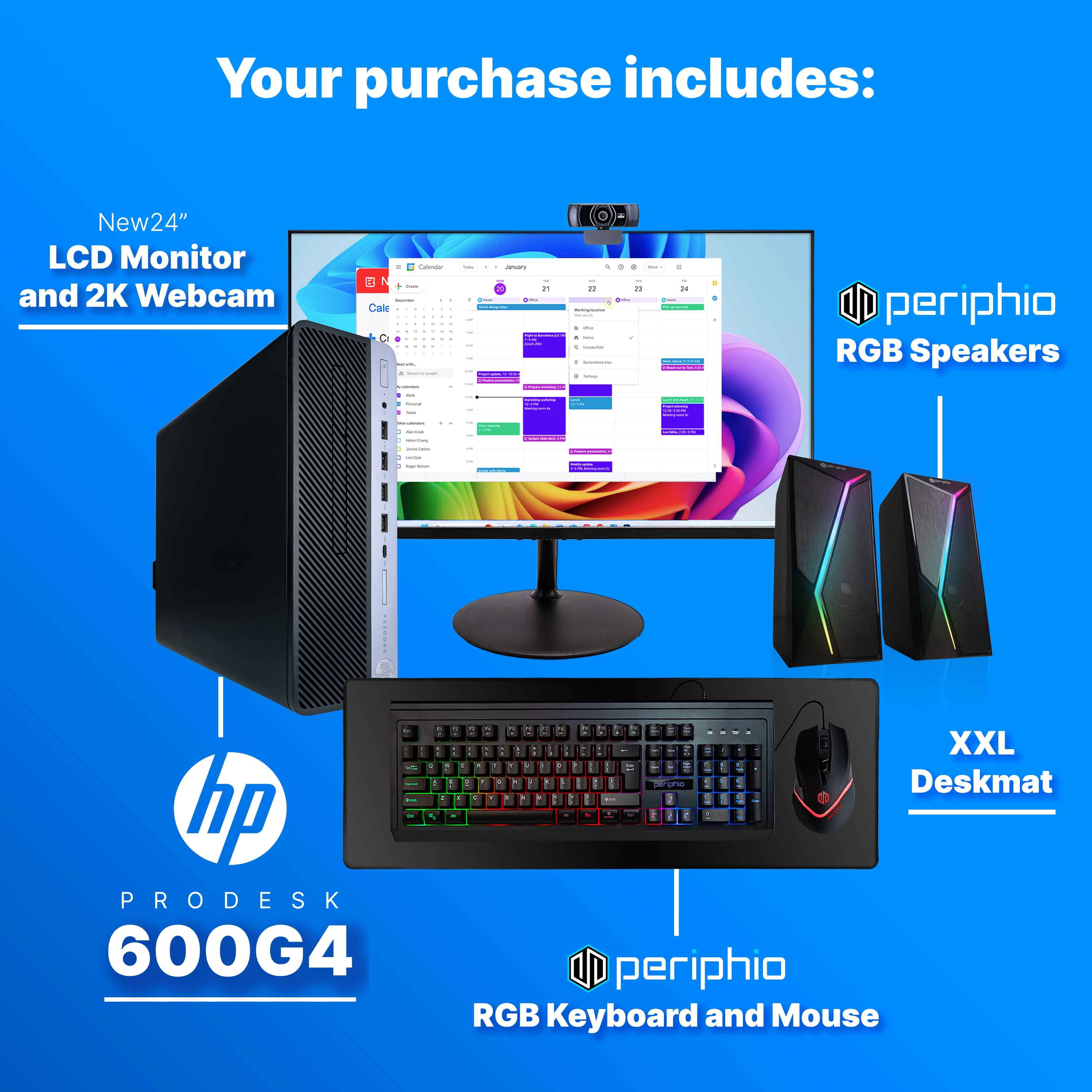 Restored HP ProDesk 600 G4 Desktop PC, Intel Core i5 3.2GHz, 16GB RAM, 1TB SSD, Win 11 Pro, WiFi, BT, Gaming KBM, RGB Speakers, 2K Webcam, 24" Monitor – Blair Tech (Refurbished)