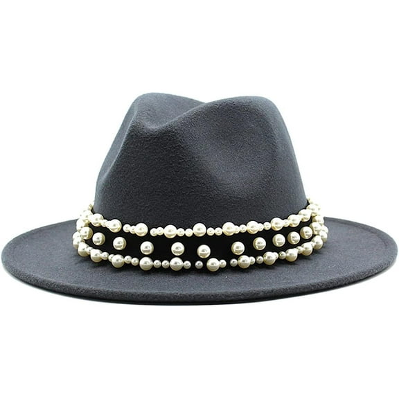 LINLIN Womens Classic Fedora Hat Trendy Felt Panama Hat with Pearl Belt Flat Top Wide Brim Classic Jazz Cap