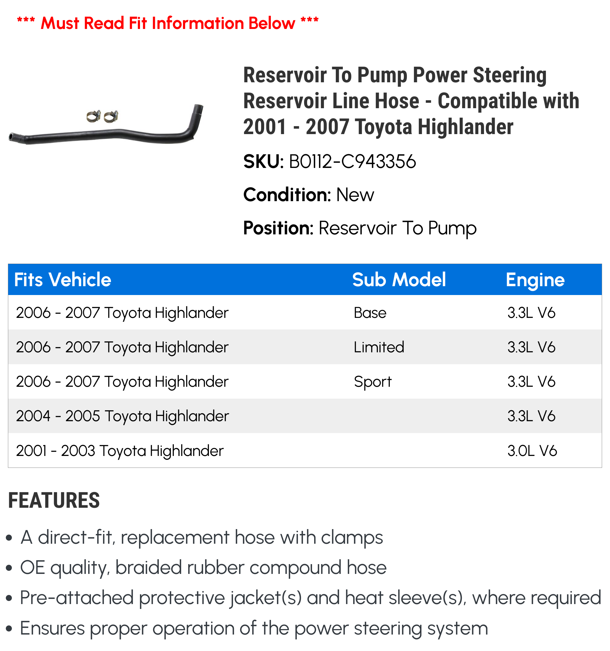Reservoir To Pump Power Steering Reservoir Line Hose - Compatible with 2001 - 2007 Toyota Highlander 2002 2003 2004 2005 2006