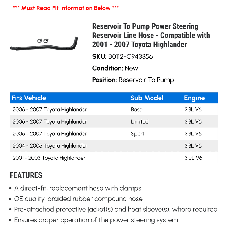 Power Steering Return Line Hose Assembly A-Premium Power Steering Return Hose For 2001-2007 Toyota Highlander - Direct OEM Replacement High Pressure Power Steering Hose