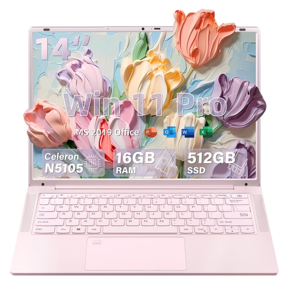 14" Pink Laptop Computer for Students, 512GB SSD 16GB RAM, 2K FHD IPS Display,in tel N5105 Processor, Fingerprint, Backlit Keyboard, Win 11 Pro with Office, Type-C, Webcam, Long Battery Life