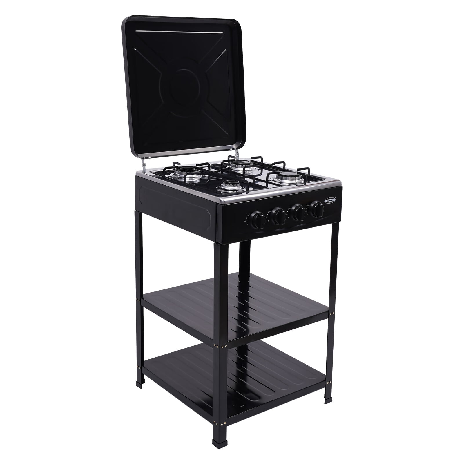 Aiqidi Portable Gas Stove 4 Burner with Support Leg Stand and Wind Blocking Cover Manual Ignition Camping Stove (Black)