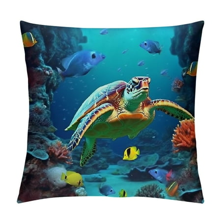 BCIIG Sea Turtle Coral Reef Fish Graphic Decorative Cushion Throw Pillow Cover for Home Couch Living Room Sofa - Aesthetic Decor Pillow Case 1PC 12x12in