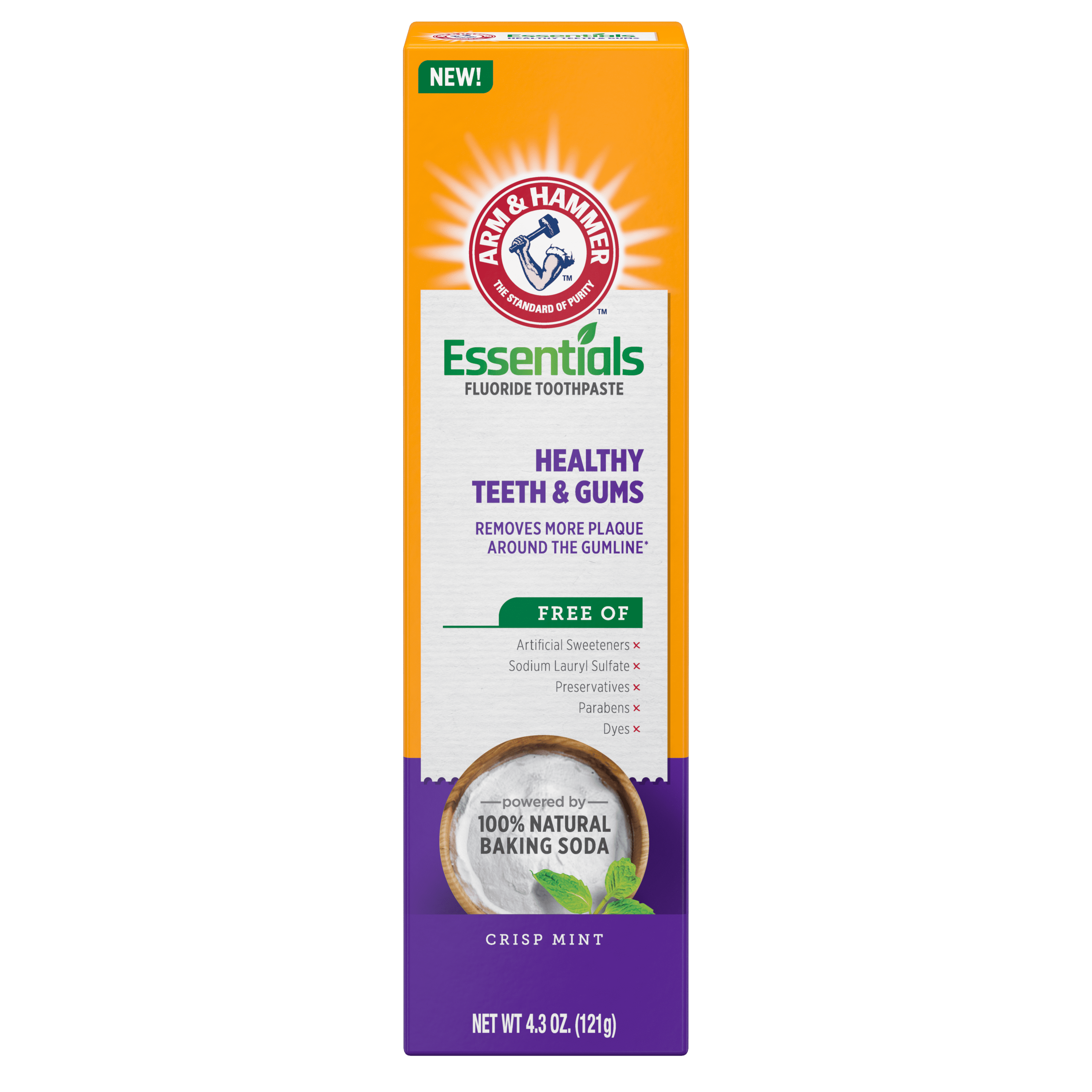 ARM & HAMMER Essentials Healthy Teeth & Gums Fluoride Toothpaste-One 4.3oz Tube, Crisp Mint- 100% Natural Baking Soda- Fluoride Toothpaste