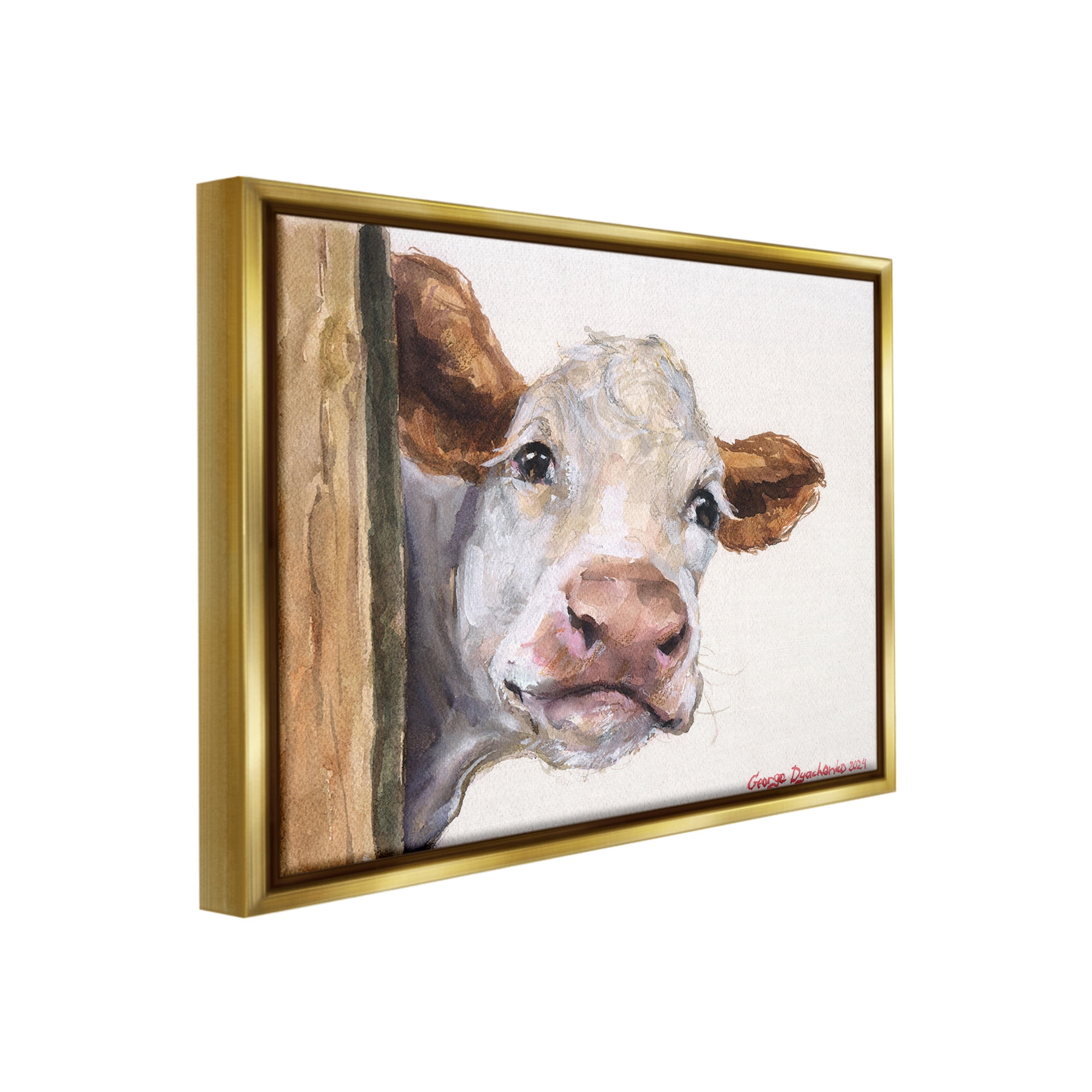 Stupell Industries Peeking Cattle & Fence Animals & Insects Painting Gold Floater Framed Canvas Art Print Wall Art, 31 x 25