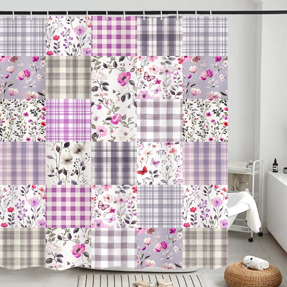 Cute Plaid Floral Shower Curtain, Boho Purple Pink Flower Fabric Shower Curtains for Bathroom, Retro Purple Pink Floral Checkered Patchwork Bath Curtain Set Washable Waterproof with 12Hooks,72X72in