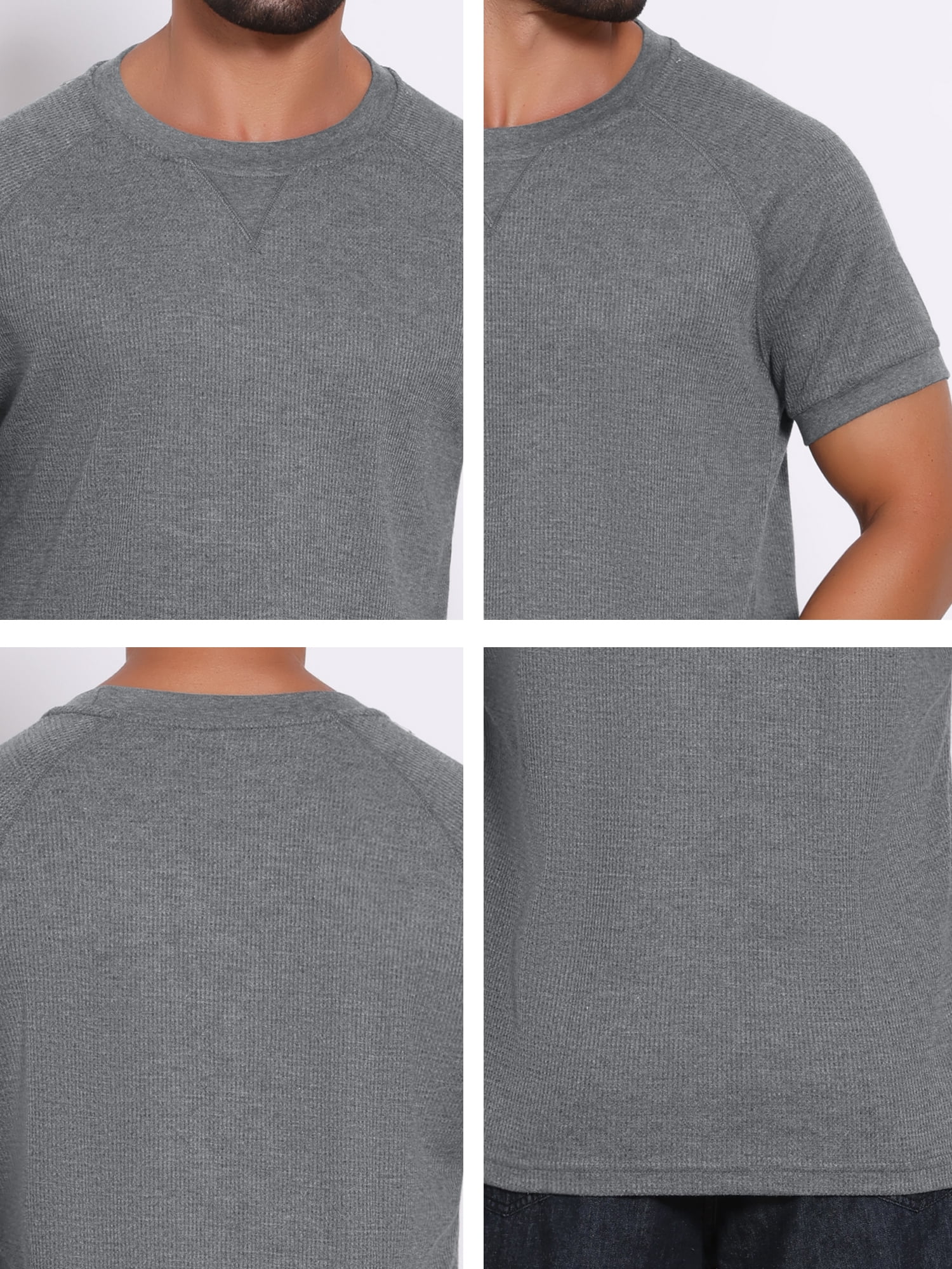 DARING DIVA Men's Waffle Fabric Classic Crew Neck Raglan Short Sleeves L Gray