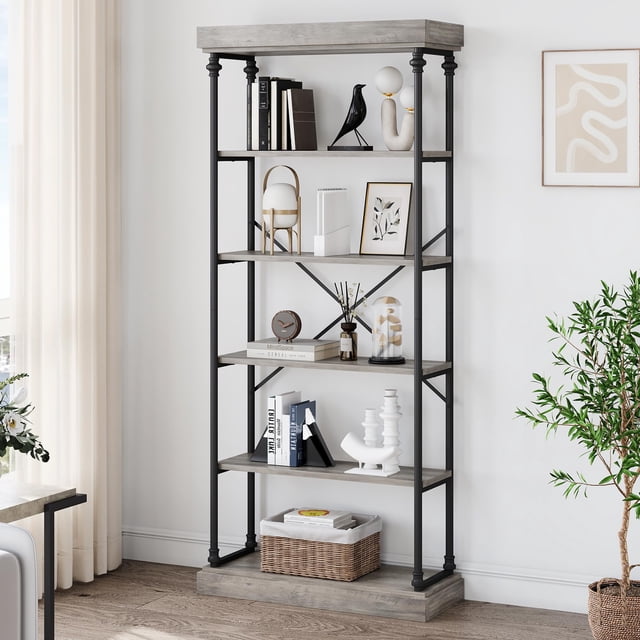 Yeshouse librería industrial de madera de 6 niveles, estantería alta de almacenamiento abierto con estructura metálica, acabado gris rústico, ideal para exhibición en sala, oficina o dormitorio