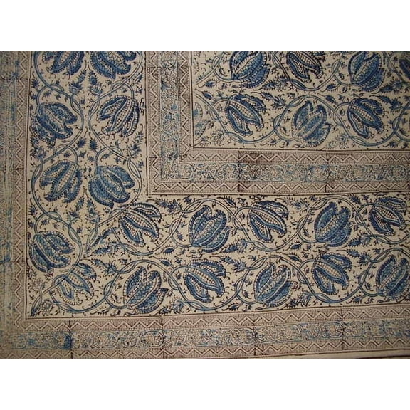 Veggie Dye Block Print Cotton Tablecloth 90" x 60" Blue