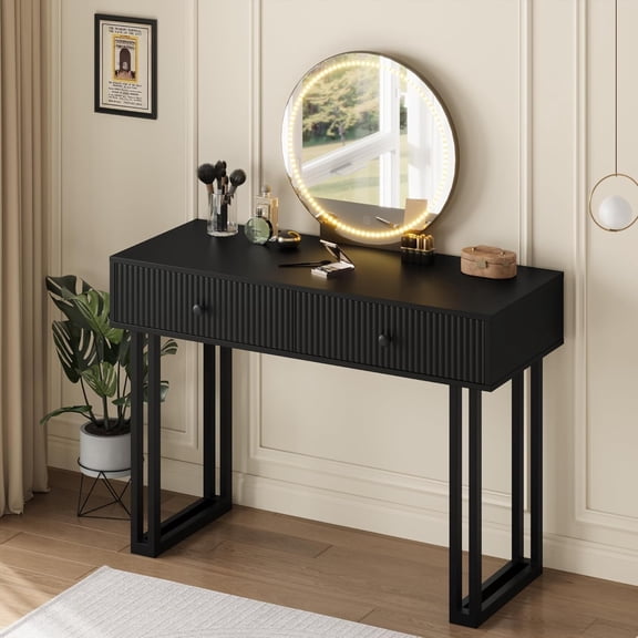 Vanity Desk with Mirror and Lights, 40” Makeup Vanity with 3 Color Lights and Adjustable Brightness, Bedroom Vanity Table, Black