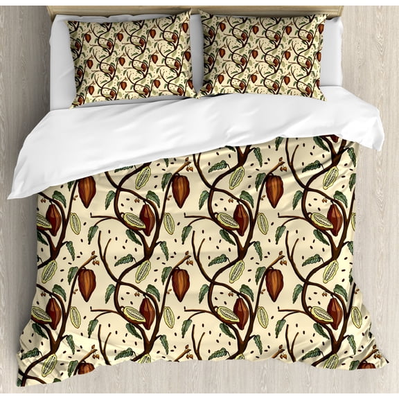 Cocoa Duvet Cover Set King Size, Tree Branches Harvest Organic Herbs Coffee Beans Leaf Gourmet Theme, Decorative 3 Piece Bedding Set with 2 Pillow Shams, Pale Yellow Fern Green Brown, by Ambesonne