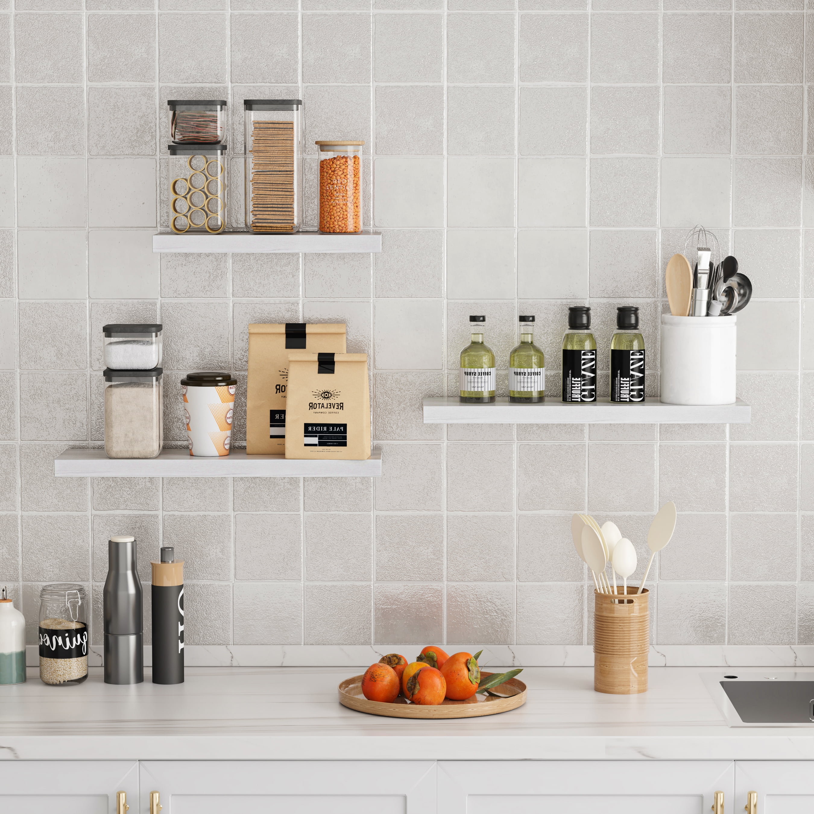 16.5 in Solid Wood Floating Shelves Wall Mounted Shelves, White Wash Color, Set of 2