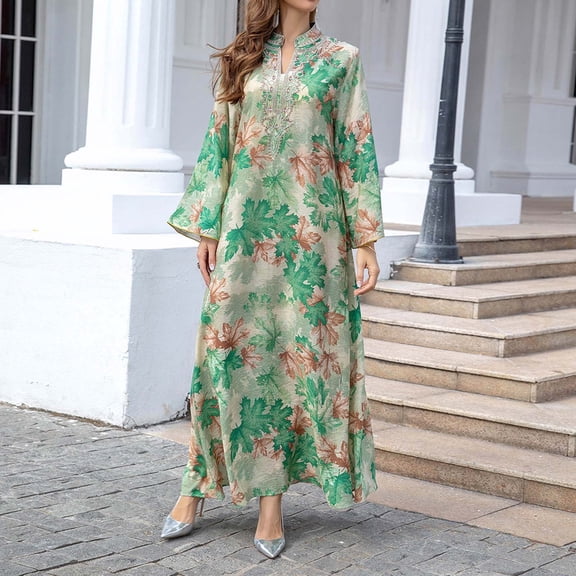 Aueoeo Abayas Dresss for Women Muslim Applique Long Sleeve Maxi Dress Flower Printed Loose Full Cover Islamic Dubai Robe Kaftan Abayas