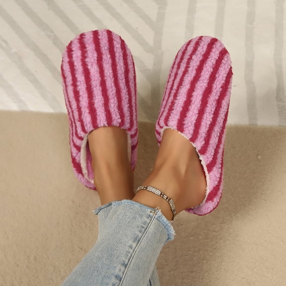 Fnooota Womens Fuzzy Slippers, Winter Warm Non Slip Stripe House Slippers Home Shoes Pink Size 10-10.5
