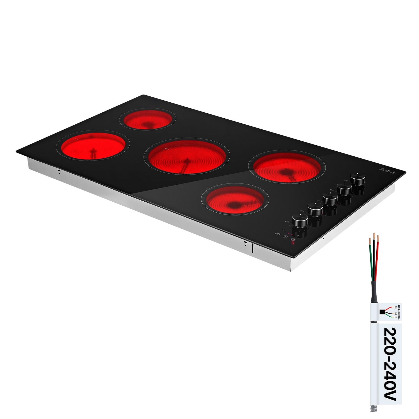 KFFKFF 36-Inch Electric Cooktop with 5 Burners, 8800W, 220V, Ceramic Built-in Radiant Stove, Features 11 Power Settings, Timer, Child Safety Lock, Overheat Protection, and Dual Control Options