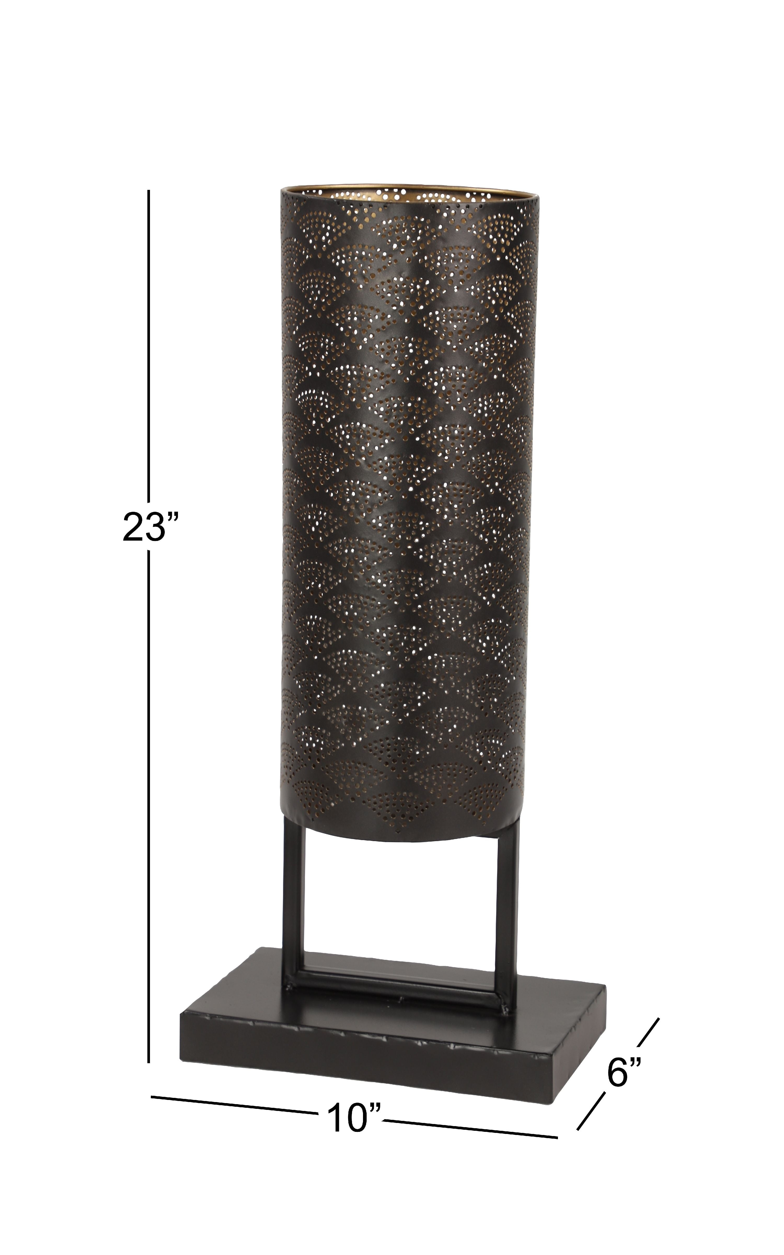 DecMode Modern Style Large Black Cylinder Metal Lantern with Pierced Metal Boho Pattern on Metal Base, 10” x 23”