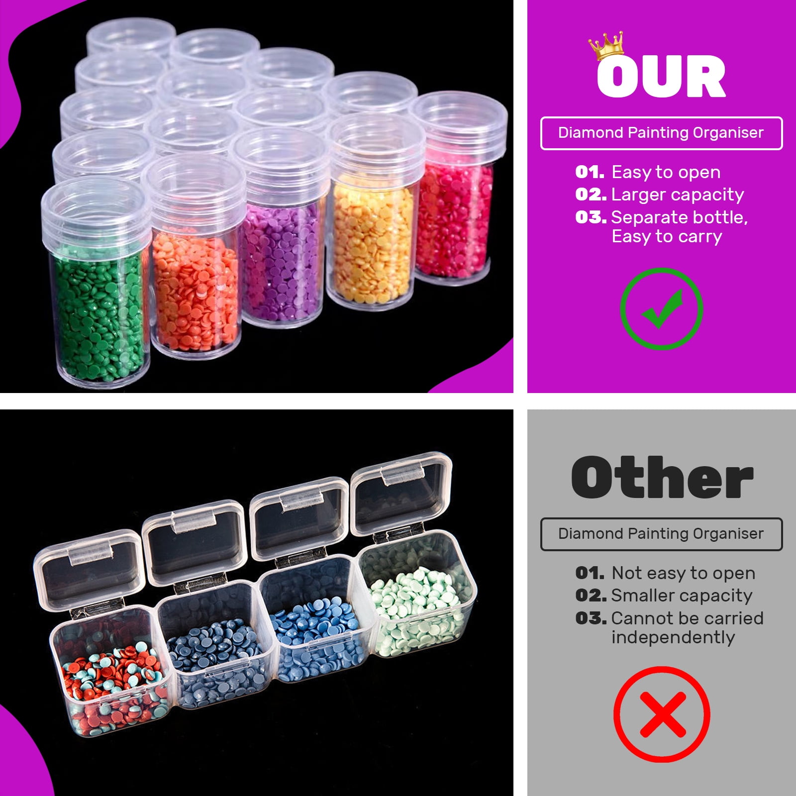 2 Pack 60 Grids Diamond Painting Storage Containers with Label Stickers, Clear Bead Storage Containers Box, Diamond Art Organizer Case for Drill Jewelry Craft Dots DIY Accessories