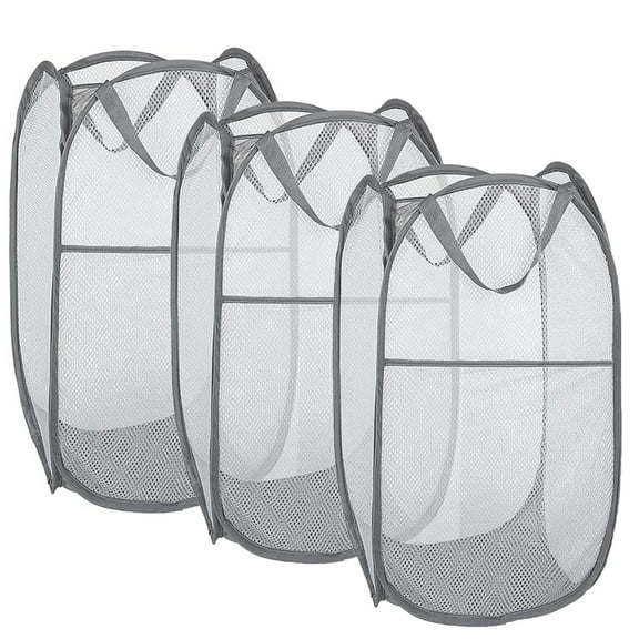 Larpur 3 Pack Collapsible Mesh Popup Laundry Basket,  Portable Clothes Washing Hamper, Grey, 75L