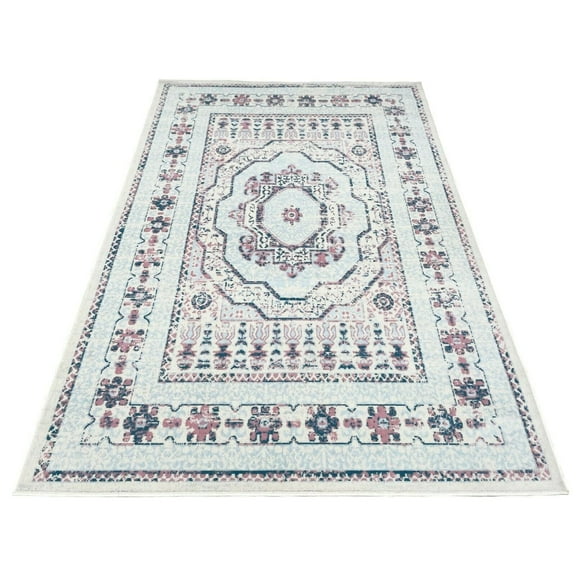 Light Blue Pink Medallion Traditional Vintage Oriental Area Rug