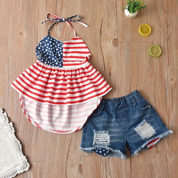 WIBACKER 1-6T Baby Girls Sleeveless Halter Tops Ripped Denim Shorts Outfits 4th of July Clothes