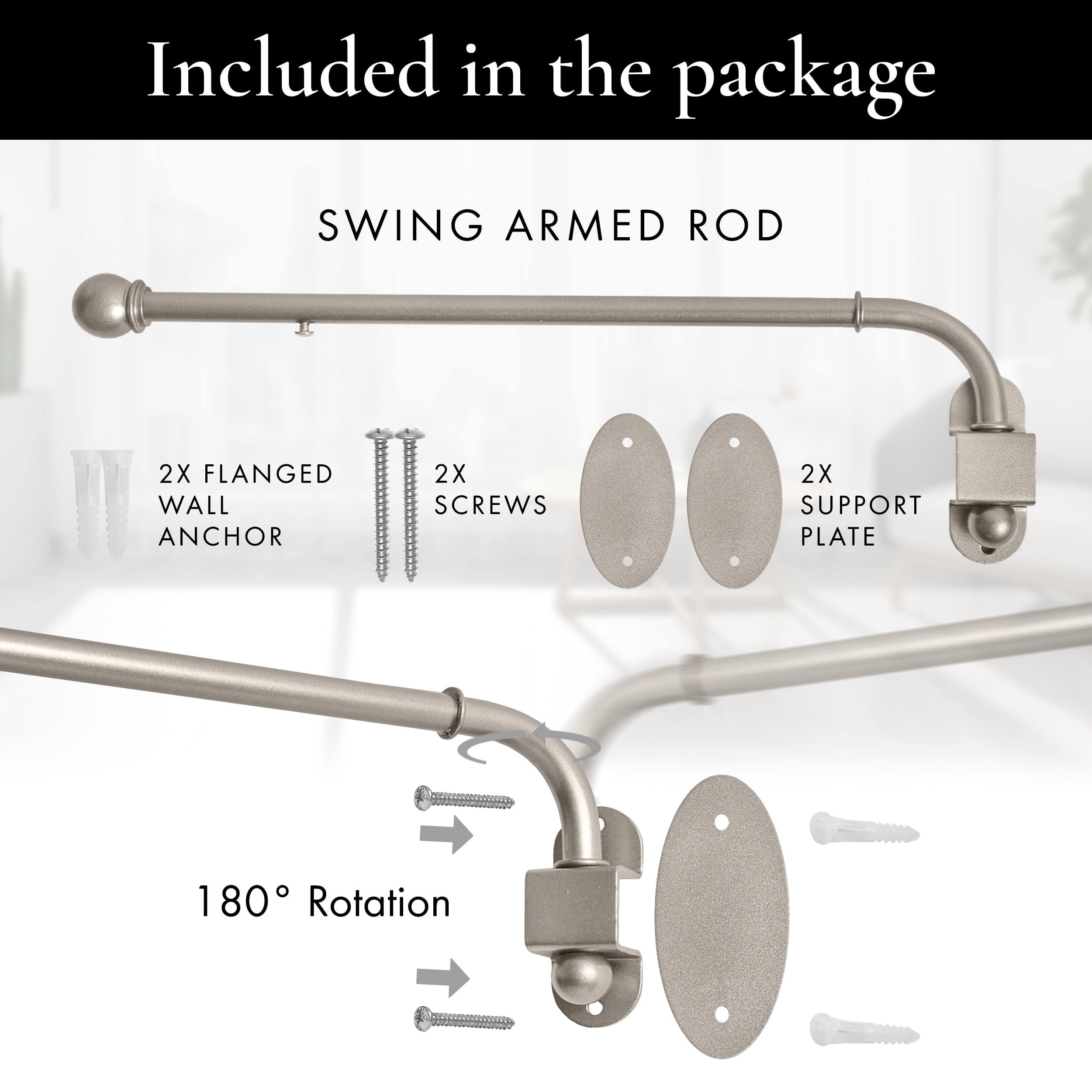 MERIVILLE 24"-38" Swing Arm Curtain Rod, 1/2" Diameter, Pewter, 2 Pieces