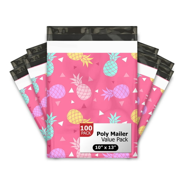 10x13 (100) Pink Pineapple Designer Poly Mailers Waterproof Self Sealing Tear Resistant Polymailers Shipping Envelopes Premium Printed Bags For Small Businesses