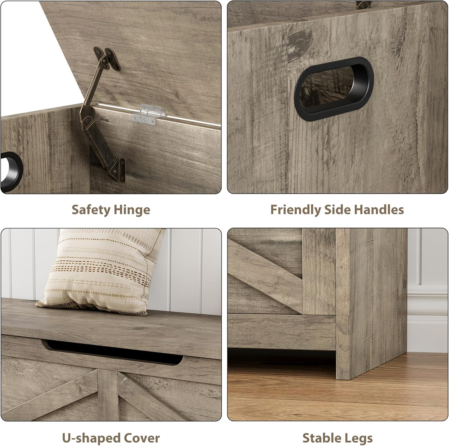 GarveeHome 47.2" Storage Chest, Wooden Storage Bench with Safety Hinges, Easy Assembly, Large Toy Chest for Entryway, Living Room, Bedroom, Grey