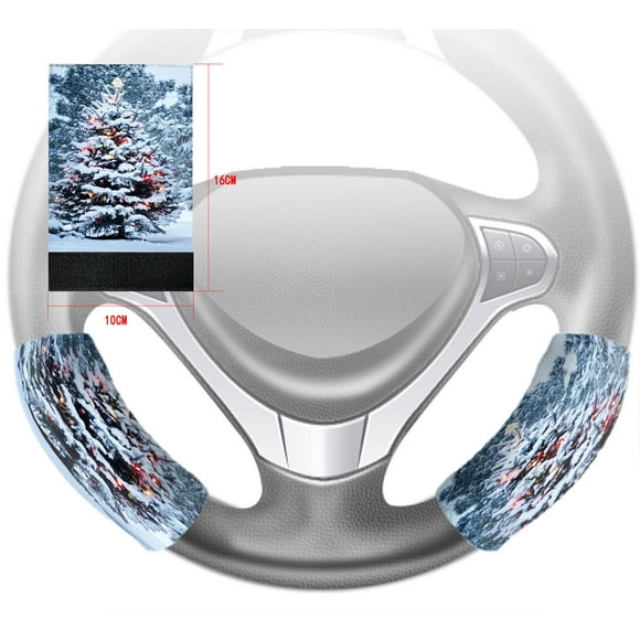 YUSDECOR Snow Covered Christmas Tree Brightly Winter Snowy Scenery Steering Wheel Cover Hook and Loop Covers Size 10x16cm Set of 2