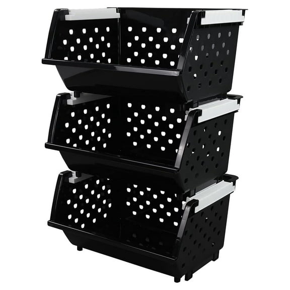 3 Packs Plastic Stackable Storage Baskets, Stacking Plastic Bins for Organizer
