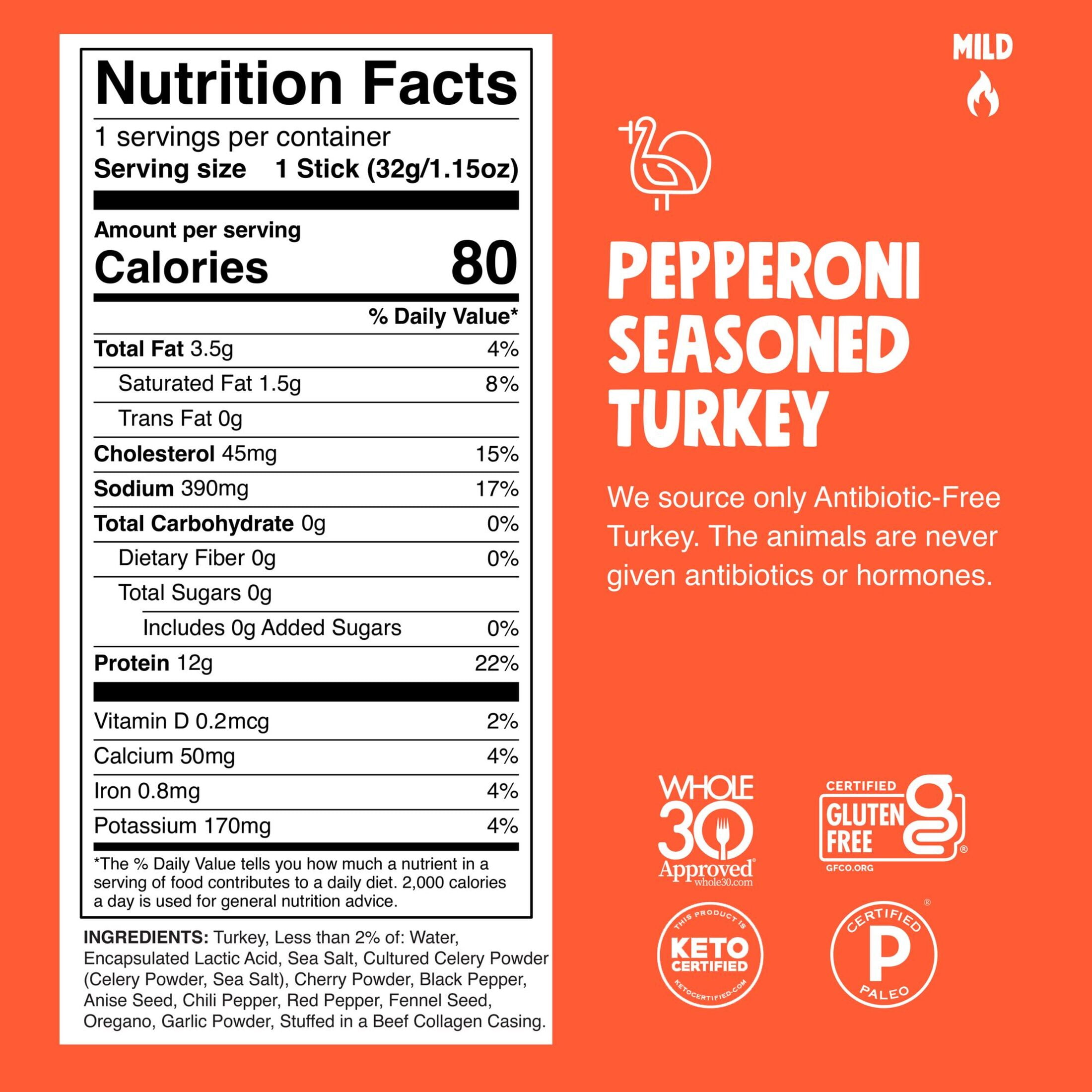 (4 pack) Chomps Antibiotic Free Pepperoni Turkey Stick 1.15oz, Certified Gluten Free and Free From Top 9 Allergens