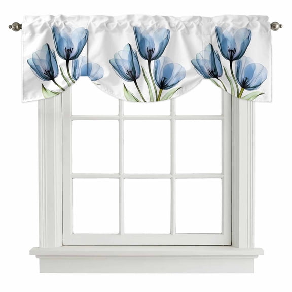 Blue Tulip Tie Up Window Valance Transparent Flowers Minimalist Modern Art Tie-up Valance for Kitchen Windows Adjustable Small Curtain Balloon Shades for Kitchen Bathroom Cafe 54x18inch