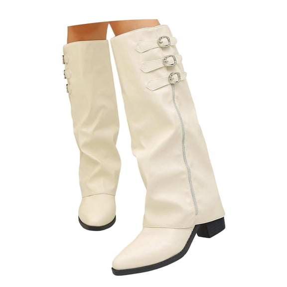 Shadoumai Women's Slouchy Knee High Boots Pointed Toe Leather Motorcycle Boots Vintage Low Heel Retro Foldover Fall Pull On Stacked Heeled Goth Winter Boots