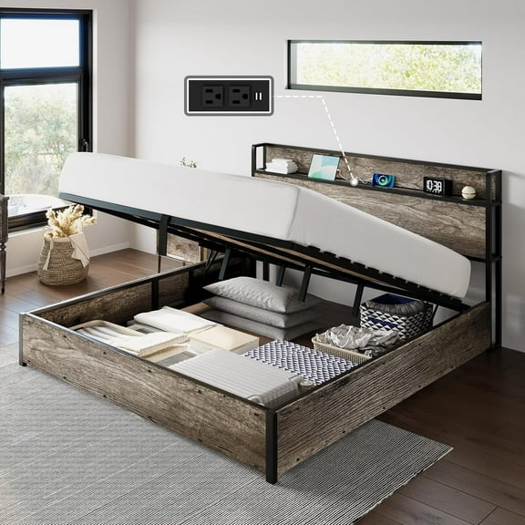 Merluxy Lift Up Storage Bed Frame Adults 18" Noise-Free and Charging Station King